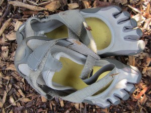 a pair of Vibrams lying on wood chips